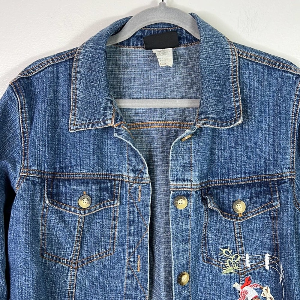 VTG Roughrider Embroidered Bronc Rider Denim Jean Jacket Shacket Shirt Womens L - Picture 2 of 8